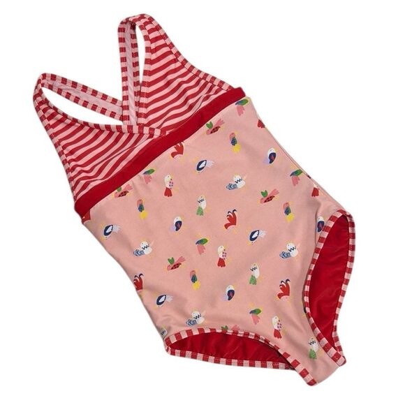 Hanna Andersson Red and Pink One Piece Swimsuit with Chicken Print - Picture 4 of 10